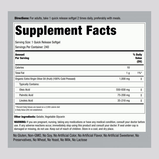 Side view of Piping Rock cold pressed olive oil dietary supplement detailing nutritional information.