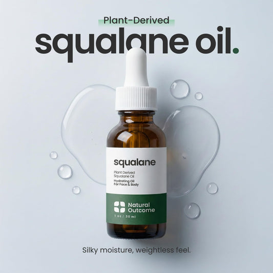 Natural Outcome 100 percent plant derived squalane oil bottle packaging showcasing clean skincare ingredients