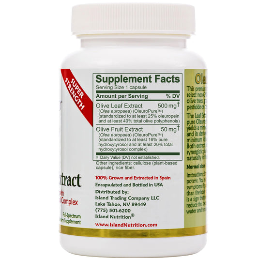 Island Nutrition Professional Strength Olive Leaf Extract five hundred milligrams packaging showing supplement facts panel