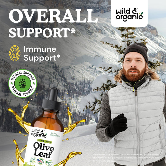 Wild and Organic alcohol free olive leaf tincture showing standard supplement facts and directions