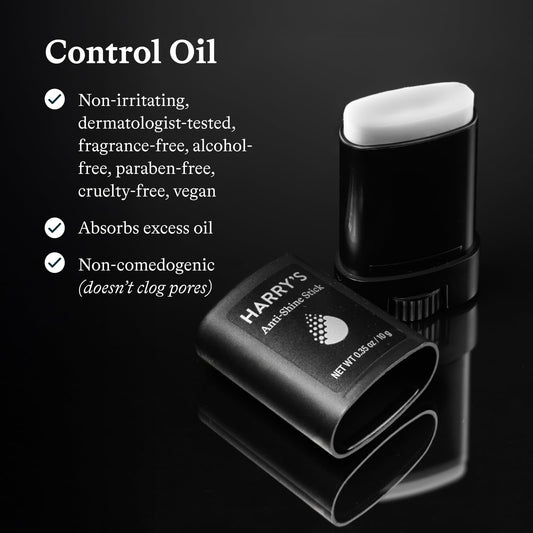 Harry's men's matte finish facial stick displaying the black packaging and white cap