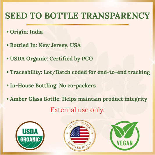 Pure cold pressed unrefined moringa oil in amber glass bottle for hair and skin hydration