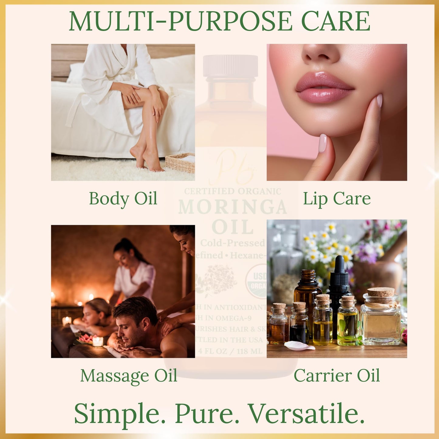 Natural plant based moringa seed oil multi purpose body moisturizer and hair serum bottle