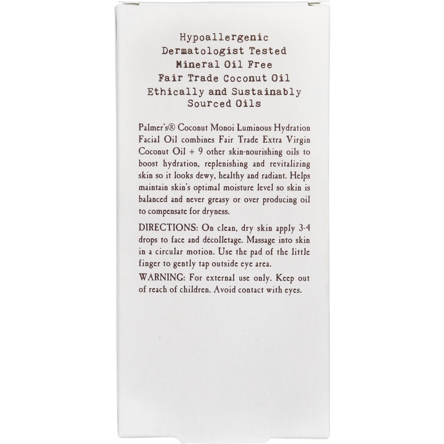 Authentic Palmer's coconut monoi facial oil import packaging on display