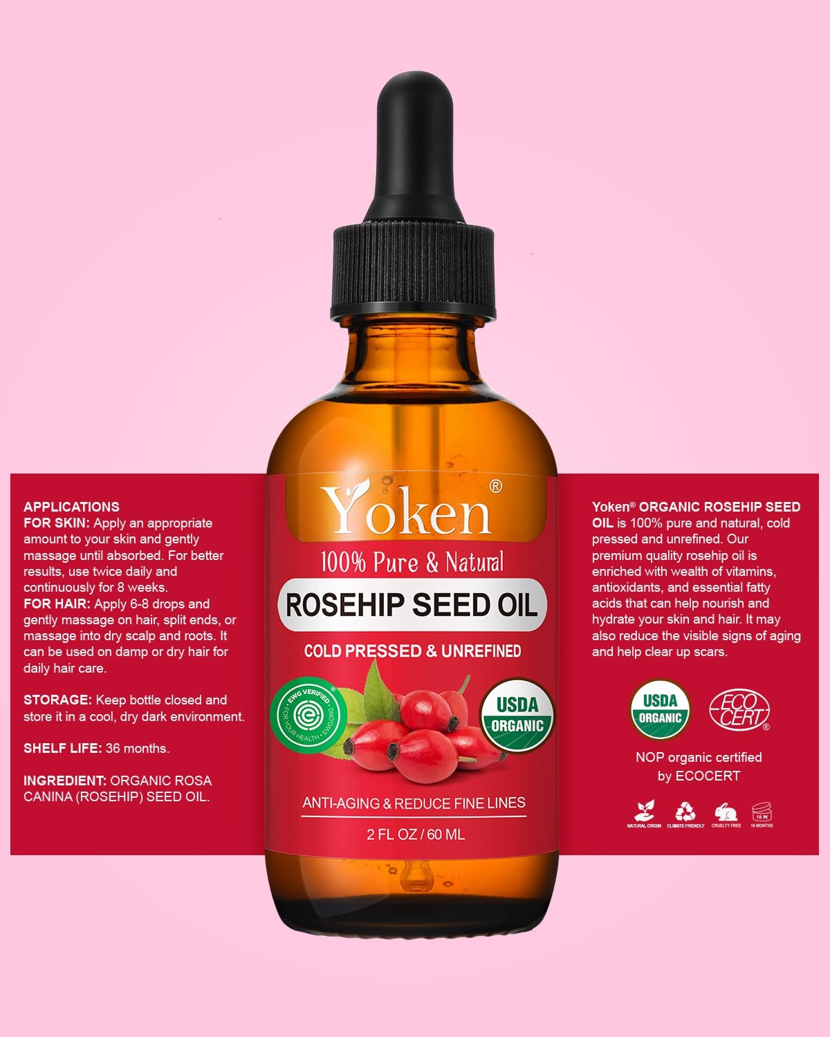 Authentic USA imported Yoken rosehip oil bottle displaying clean ingredient list