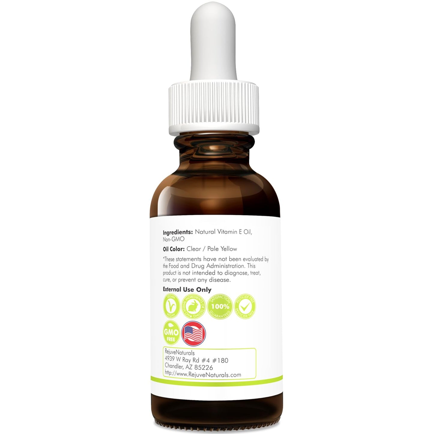 RejuveNaturals authentic imported vitamin E oil clear glass bottle highlighting premium golden liquid texture