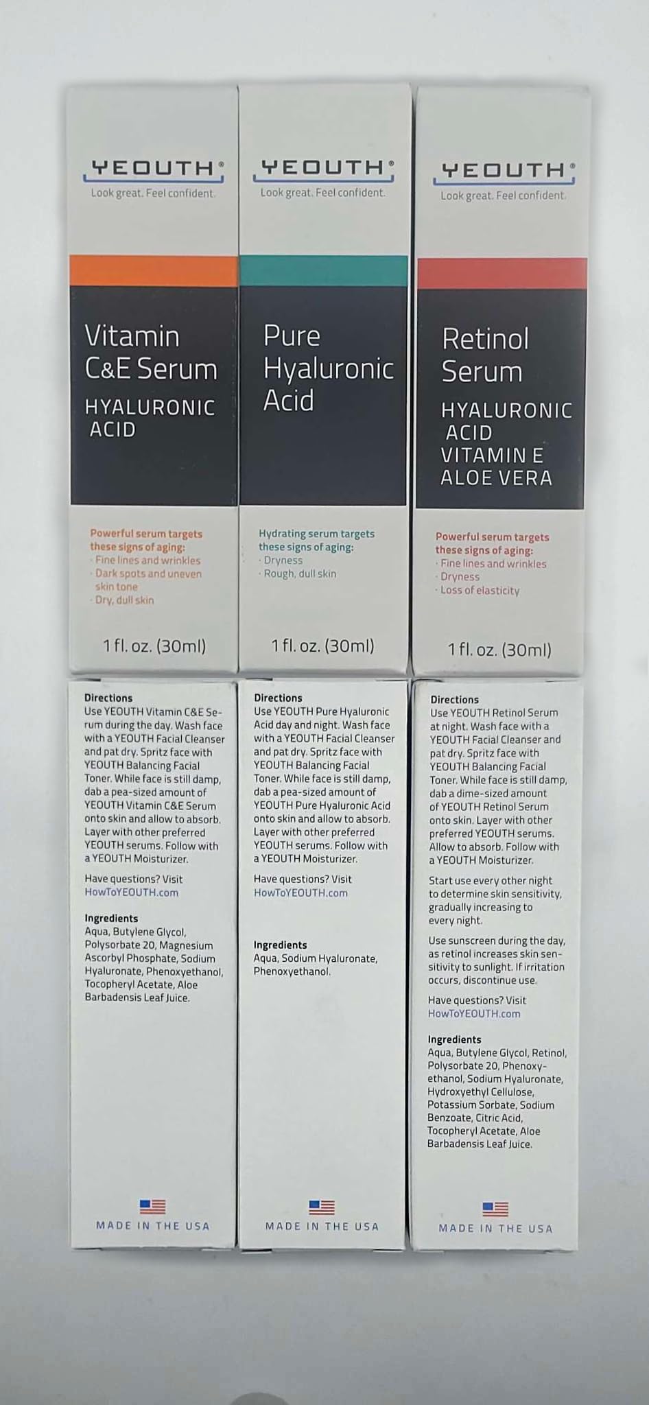 YEOUTH professional skincare collection box back label showing instructions and clean ingredients.