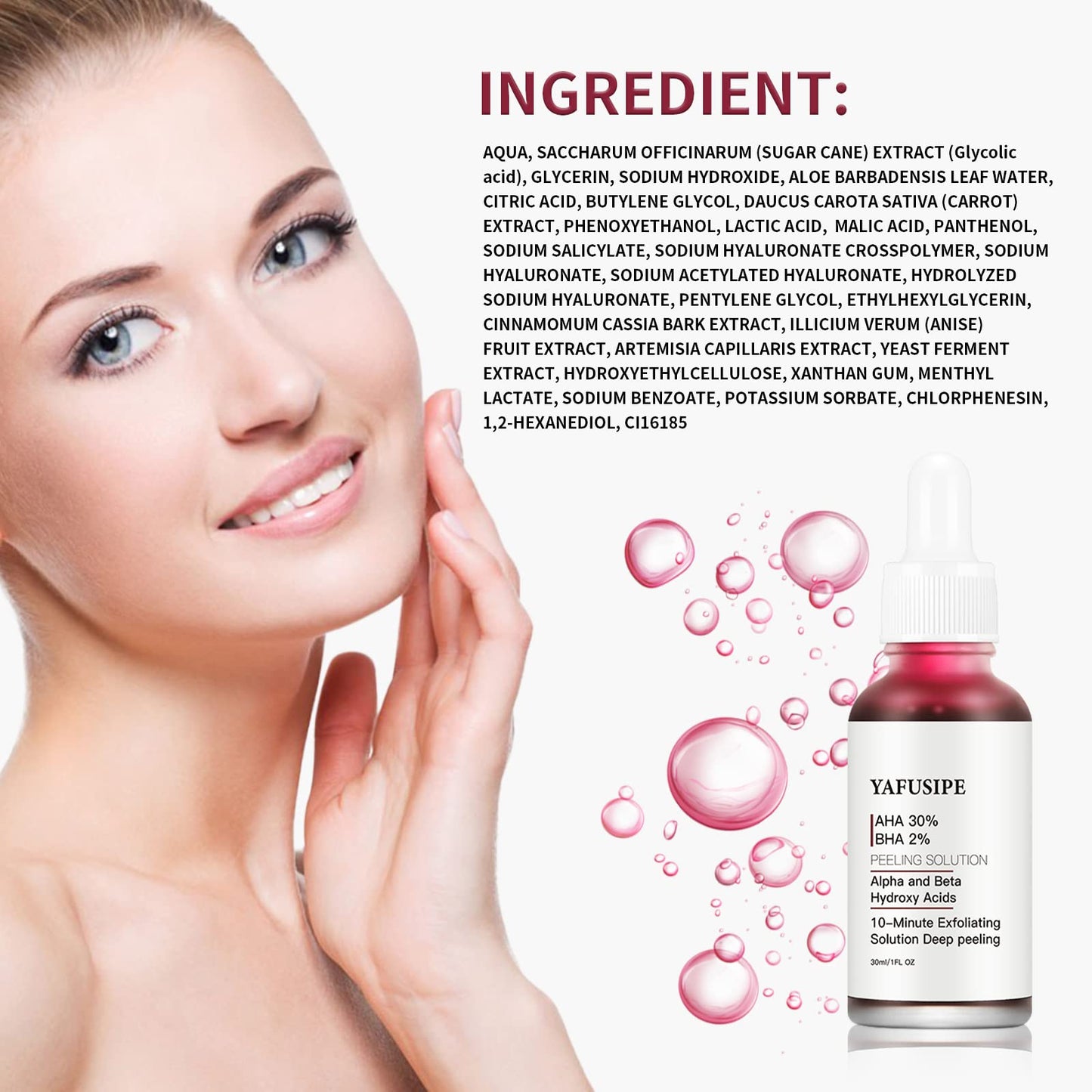 Full product setup of The Ordinary AHA 30 percent plus BHA 2 percent peeling solution for at home facial.