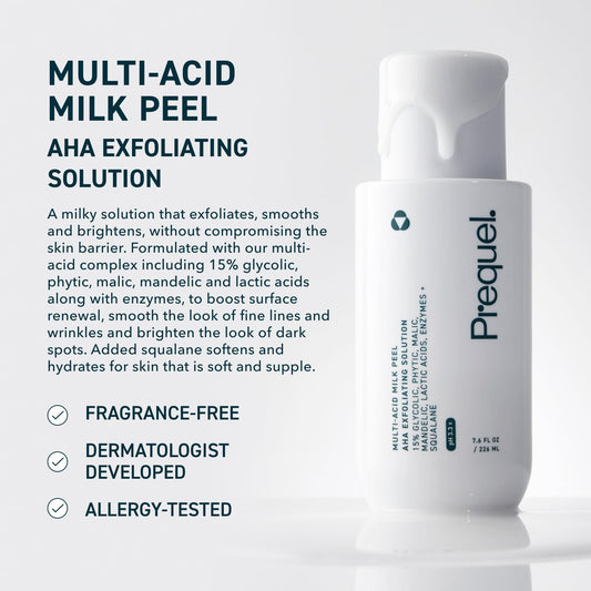 Prequel fifteen percent glycolic acid face peel liquid texture being dispensed from the bottle