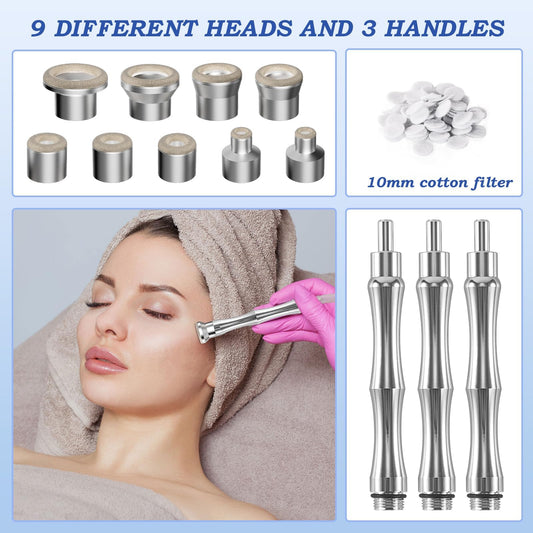 Close-up view of nine diamond-encrusted replacement tips showing different grit sizes for customizable microdermabrasion treatments.