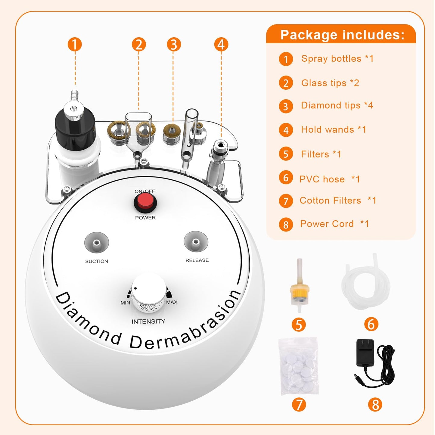 Complete packaging kit of the Mcwdoit diamond microdermabrasion machine with cotton filters and accessories.