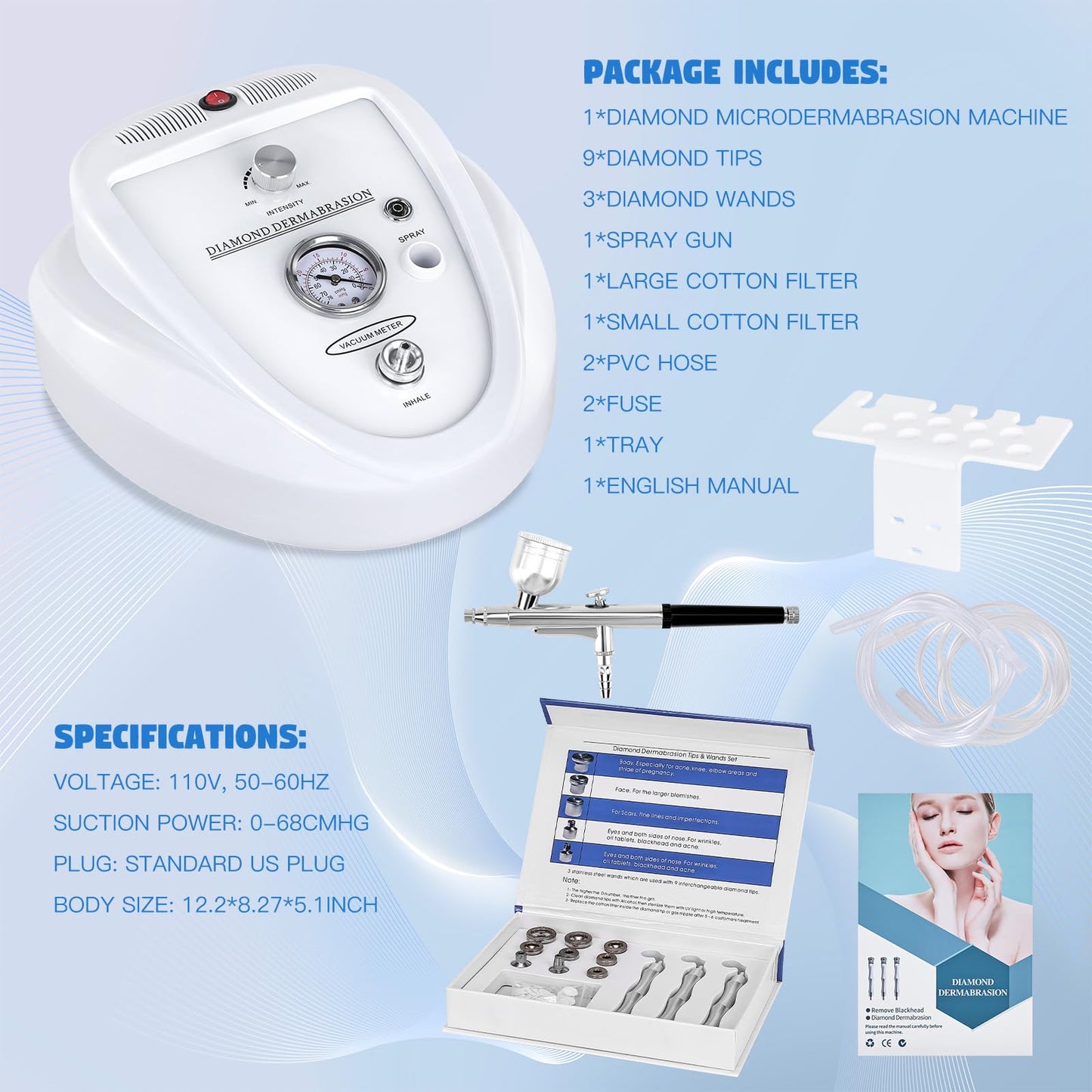 A professional skincare setup featuring the dual action diamond microdermabrasion machine and hydrating mist gun ready for use.