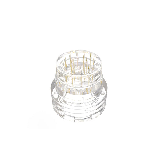 Close up of twenty gold plated needles on the threaded connection derma stamp head