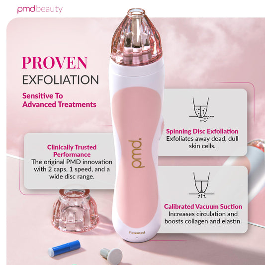 PMD Beauty Personal Microderm Classic facial exfoliator tool with interchangeable spinning discs spread out.