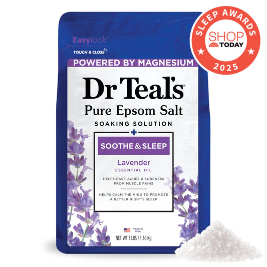 Dr Teal's pure Epsom salt soaking solution three pounds bag showcasing soothing properties