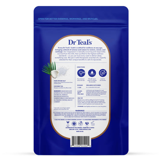 Dr Teal's Epsom salt bath soaking solution featuring coconut oil ingredient details on the authentic imported packaging