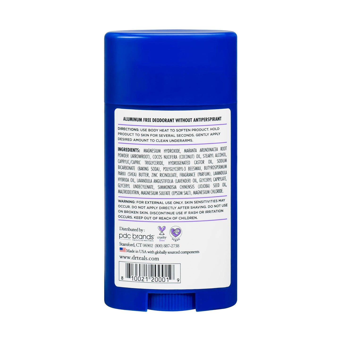 Back label view of Dr Teal's lavender vanilla deodorant showing authentic manufacturing details