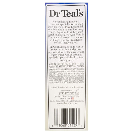 Back packaging labels of Dr Teal's foot care exfoliant with coconut oil and directions for softening heels.