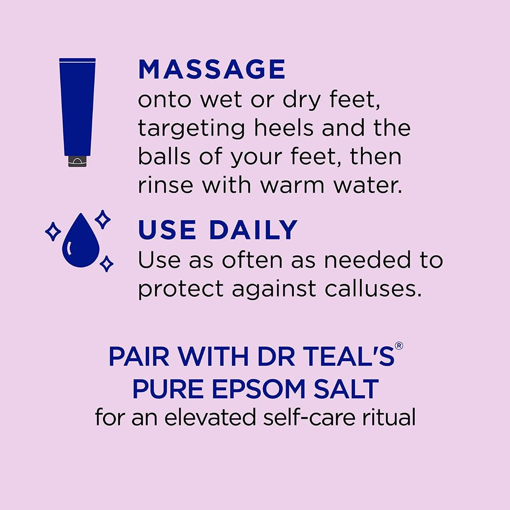 Dr. Teal's pure Epsom salt foot scrub cream tube for smoothing rough feet.