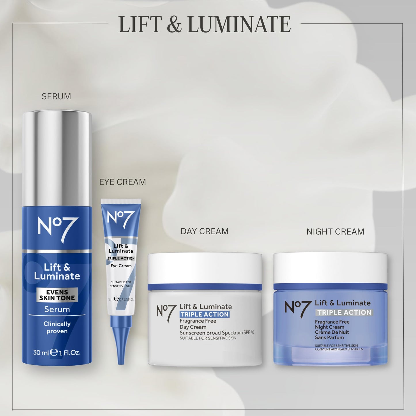 Back label of No7 fragrance-free night cream highlighting hyaluronic acid and vitamin C ingredients