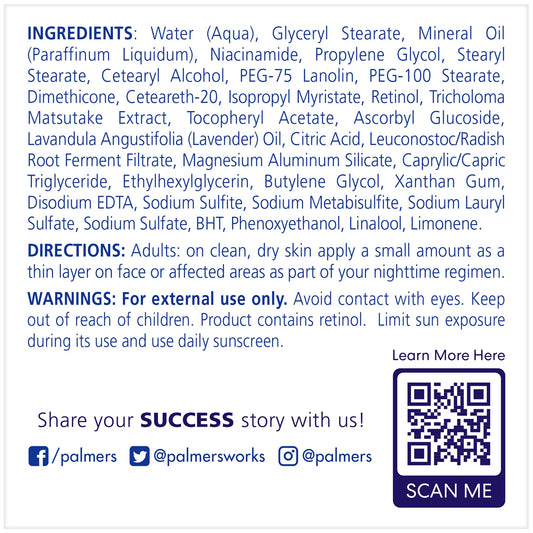 Palmer's Skin Success Night Fade Cream packaging box showing ingredients