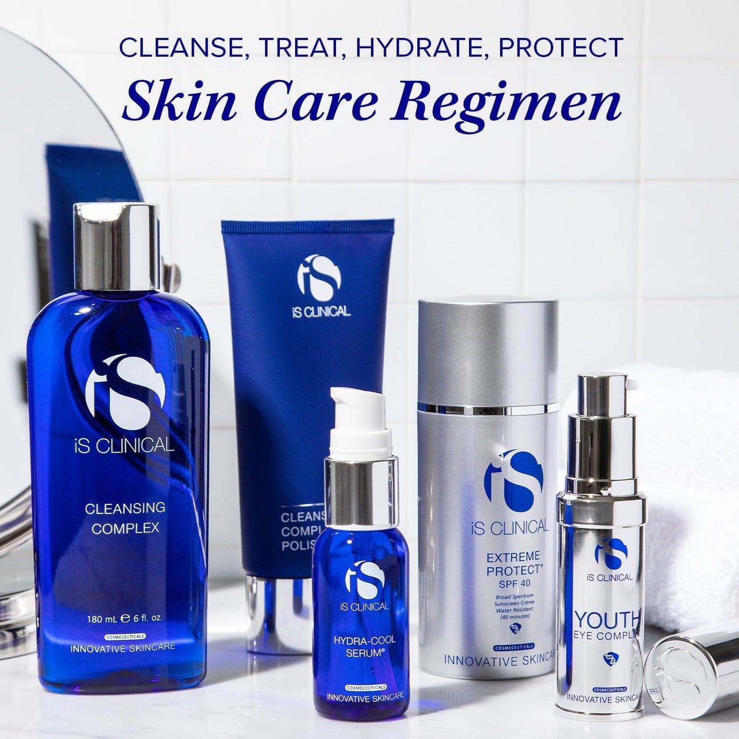 Professional skincare routine featuring IS Clinical Cleansing Complex Polish