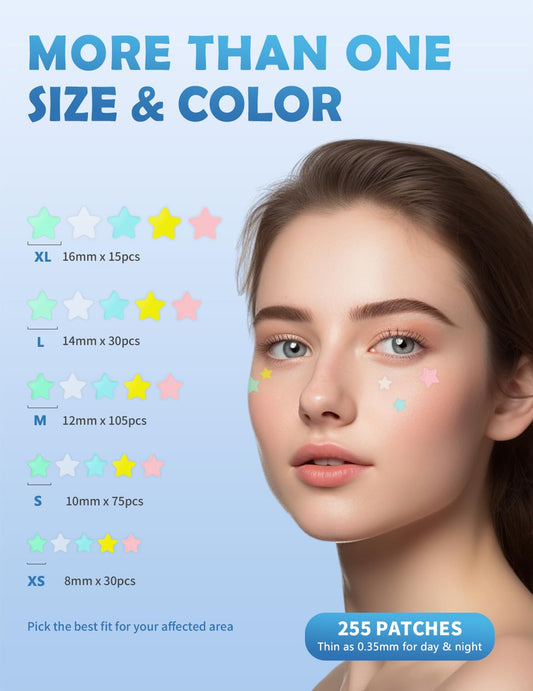Dr. Zitacne 255 count pimple patches displaying five different sizes on skin