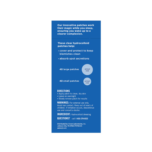 PanOxyl clear hydrocolloid blemish dots sheet illustrating the two different patch sizes
