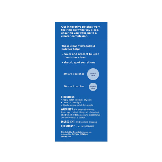 PanOxyl hydrocolloid acne patches box showcasing forty count availability.
