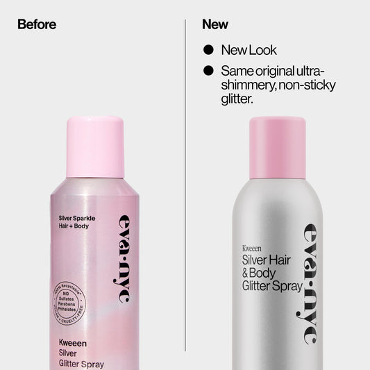 Authentic USA imported Eva NYC glitter hairspray being applied to create a shimmering silver party hairstyle