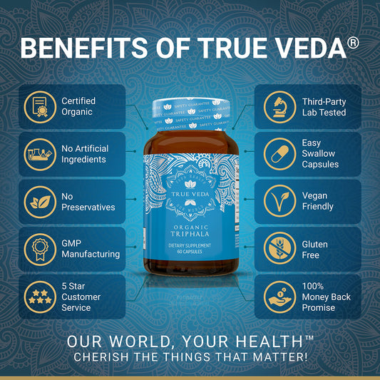 True Veda Triphala Organic capsules back label showing supplement facts and organic certification