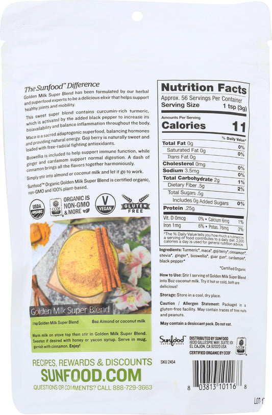 Sunfood Superfoods turmeric and black pepper powder nutritional facts and organic certification labels on back panel.