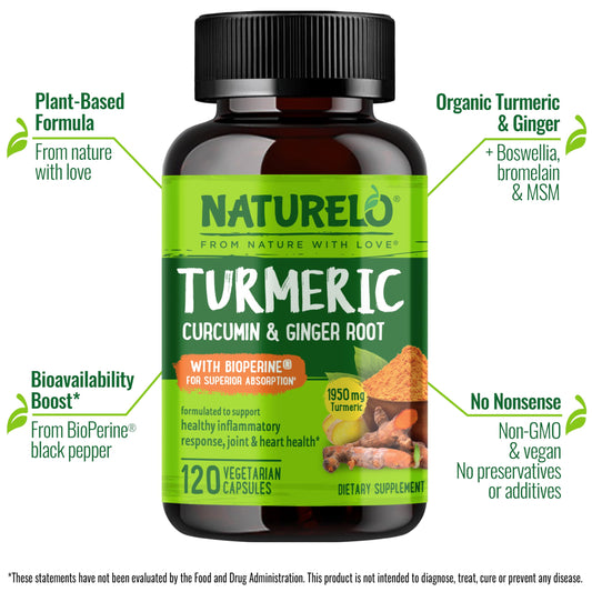 NATURELO Organic Turmeric supplement label showing premium ingredients panel.