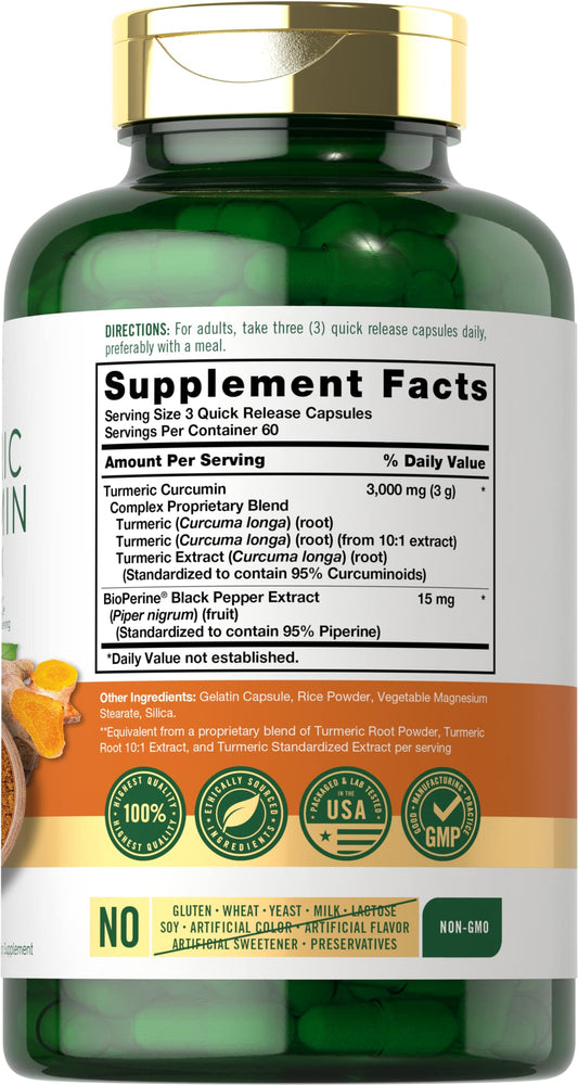 Carlyle Turmeric Curcumin with BioPerine black pepper extract supplement facts label