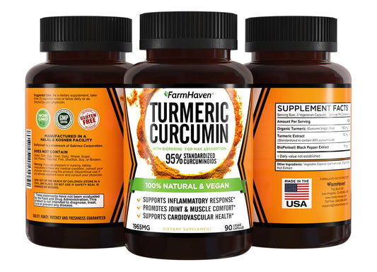 FarmHaven Turmeric Curcumin supplement bottle displaying the 1965mg dosage and BioPerine absorption icon.
