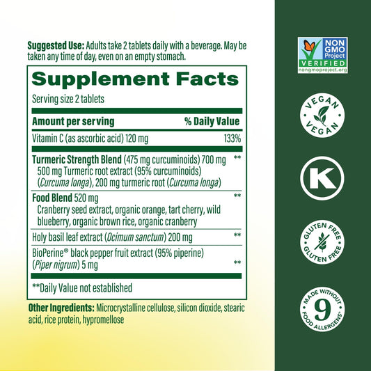 MegaFood Turmeric Strength supplement bottle displaying nutritional facts and 475 milligrams curcuminoids serving info.