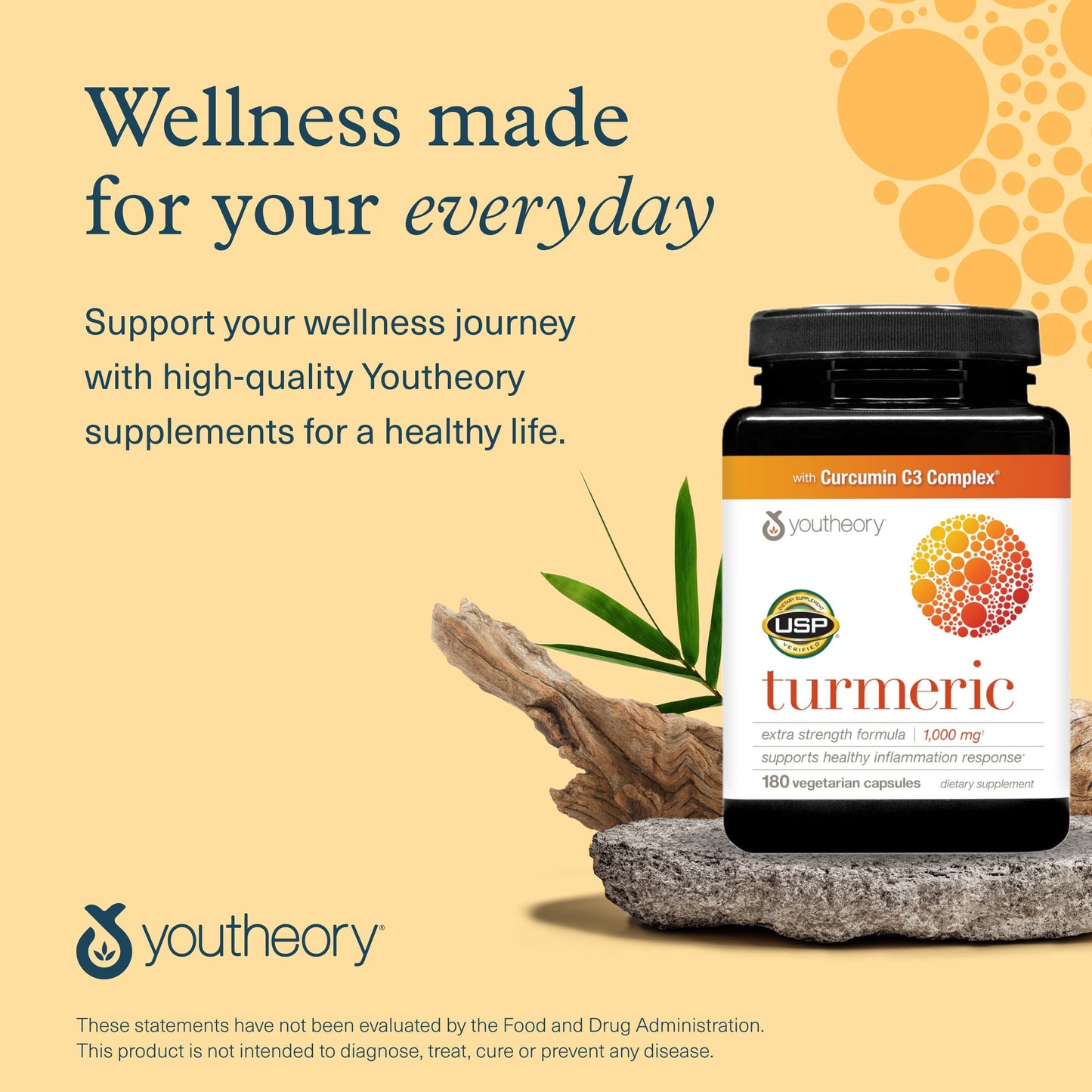 Full layout of the USA imported Youtheory Turmeric 180 capsules bottle focusing on authentic e-commerce product presentation.