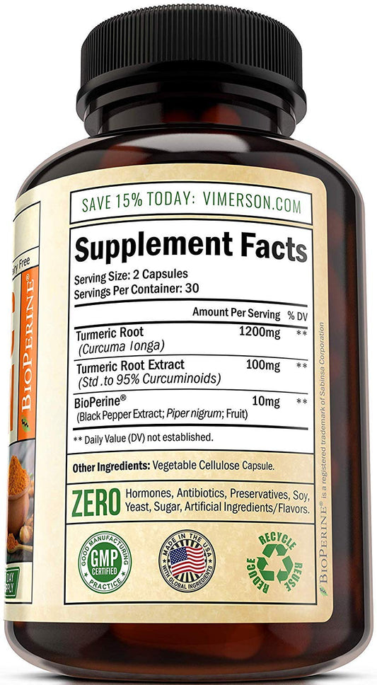 Vimerson Health Turmeric supplement nutrition facts label with organic turmeric and bioperine ingredients