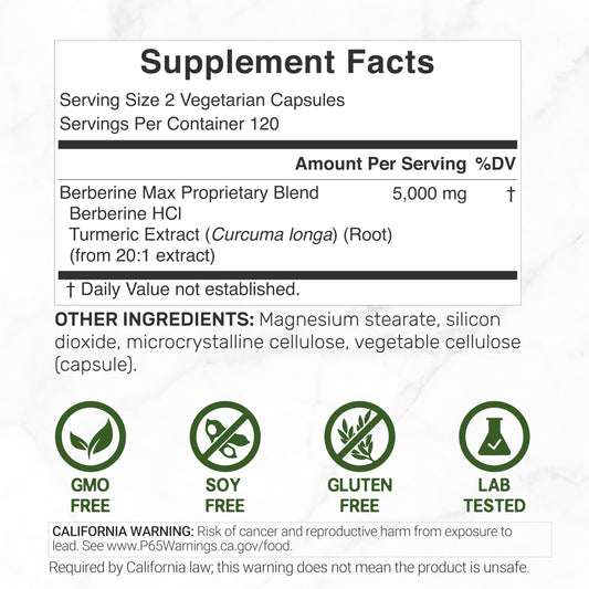 Deal Supplement Berberine Max dietary supplement showing product label facts and 5000mg blend ingredients.