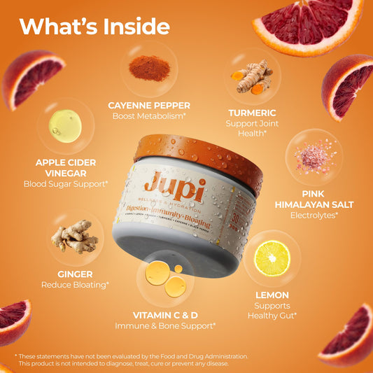 Jupi turmeric ginger shots supplement jar showing nutrition facts label