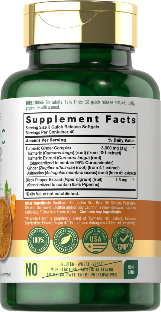 Carlyle Turmeric Ginger Complex 3000mg dietary supplement bottle detailing herbal extract ingredients