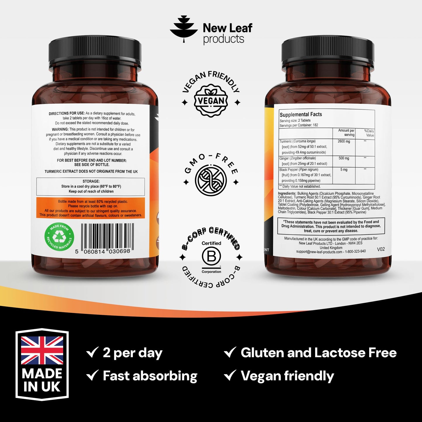 New Leaf brand turmeric ginger and black pepper joint care supplement bottle displayed on a clean wellness background