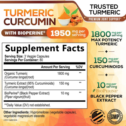 Nature's Nutrition Turmeric Curcumin supplement facts panel showing ingredient dosages