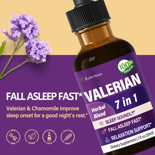 Eubrition seven in one herbal liquid sleep tincture with black dropper lid showing natural ingredients.