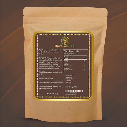 Cure Wid Pure cut and sifted loose valerian root tea showing organic herbal texture