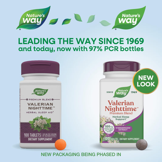Nature's Way Valerian Nighttime Premium Blend supplement ingredients list and supplement facts label.