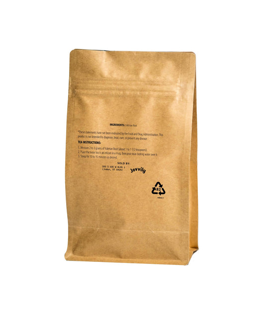 Authentic USA imported Jovvily loose leaf valerian root supplement bag standing upright.