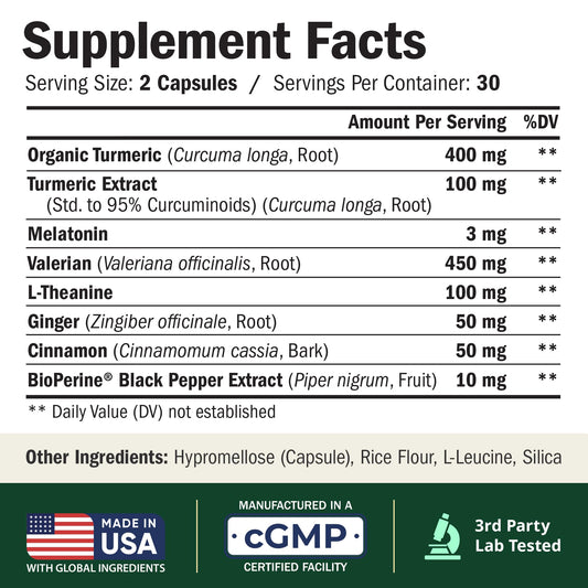 Vimerson Health Melatonin and Turmeric supplement dietary facts and ingredient label close up
