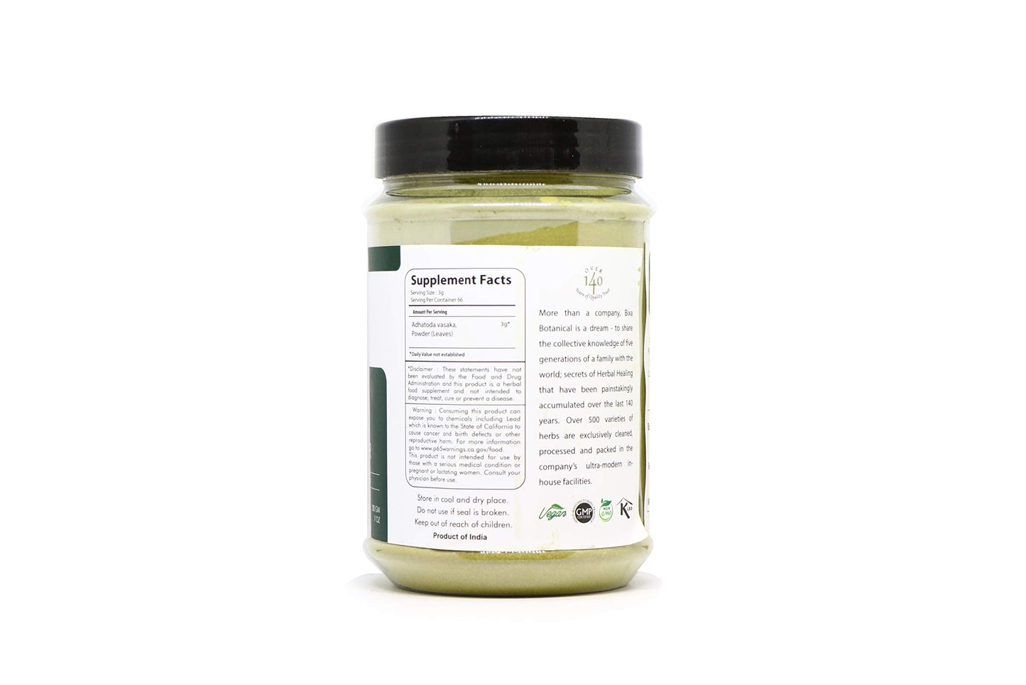 Back of Bixa Botanical Vasaka supplement jar showing usage instructions