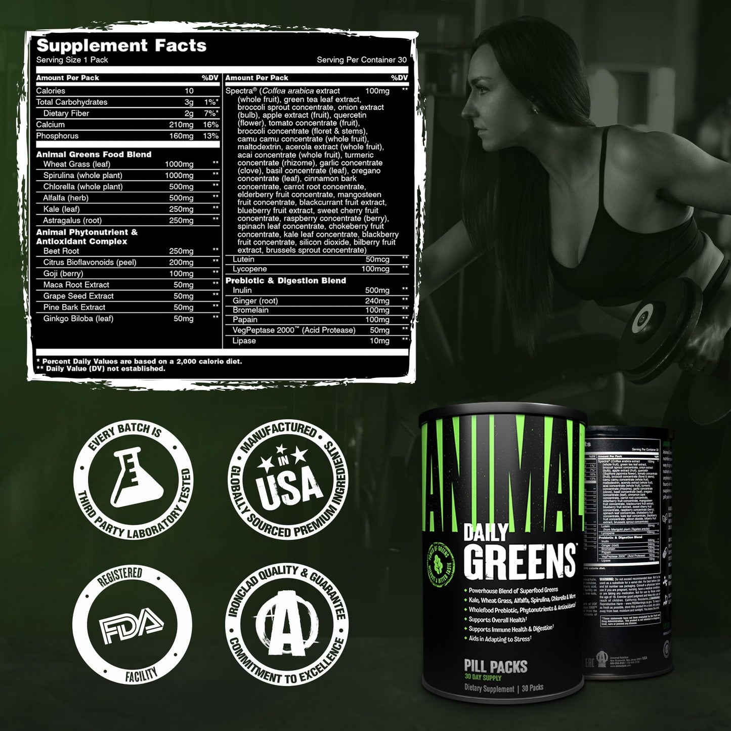 Close up of Animal Daily Greens branding and logo